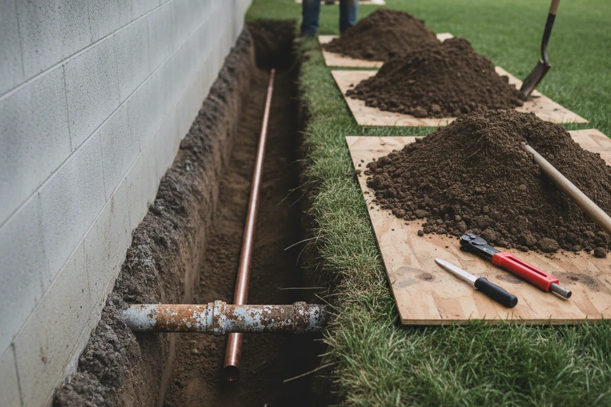 Excavated water line trench during Sewer Line Repair in Middlebranch